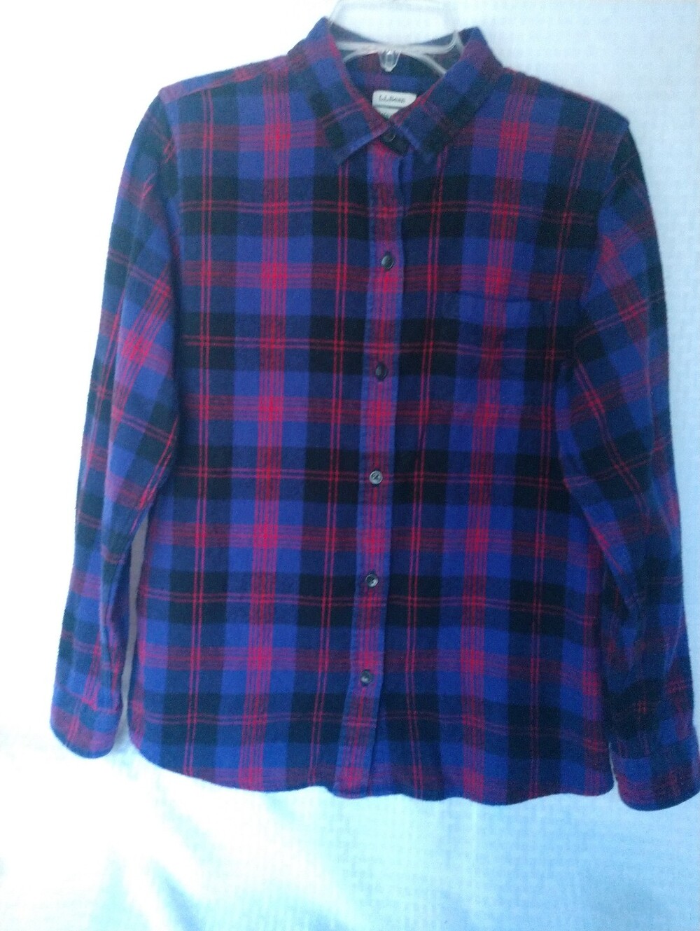 Womens Flannel Shirt LL BEAN Relaxed Fit Purple Red Black Plaid Medium Chest 40"